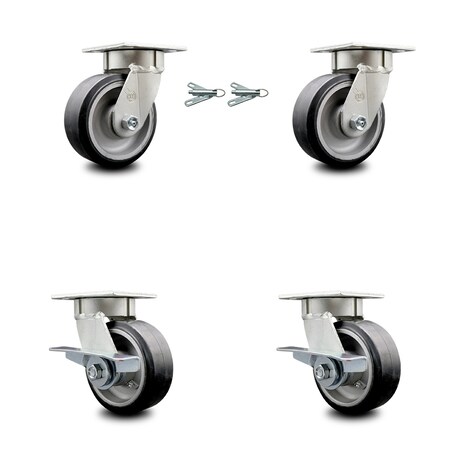 Service Caster 5 Inch Kingpinless Rubber on Aluminum Wheel Caster Swivel Locks 2 Brakes, 2PK SCC-KP30S520-RAR-BSL-2-SLB-2